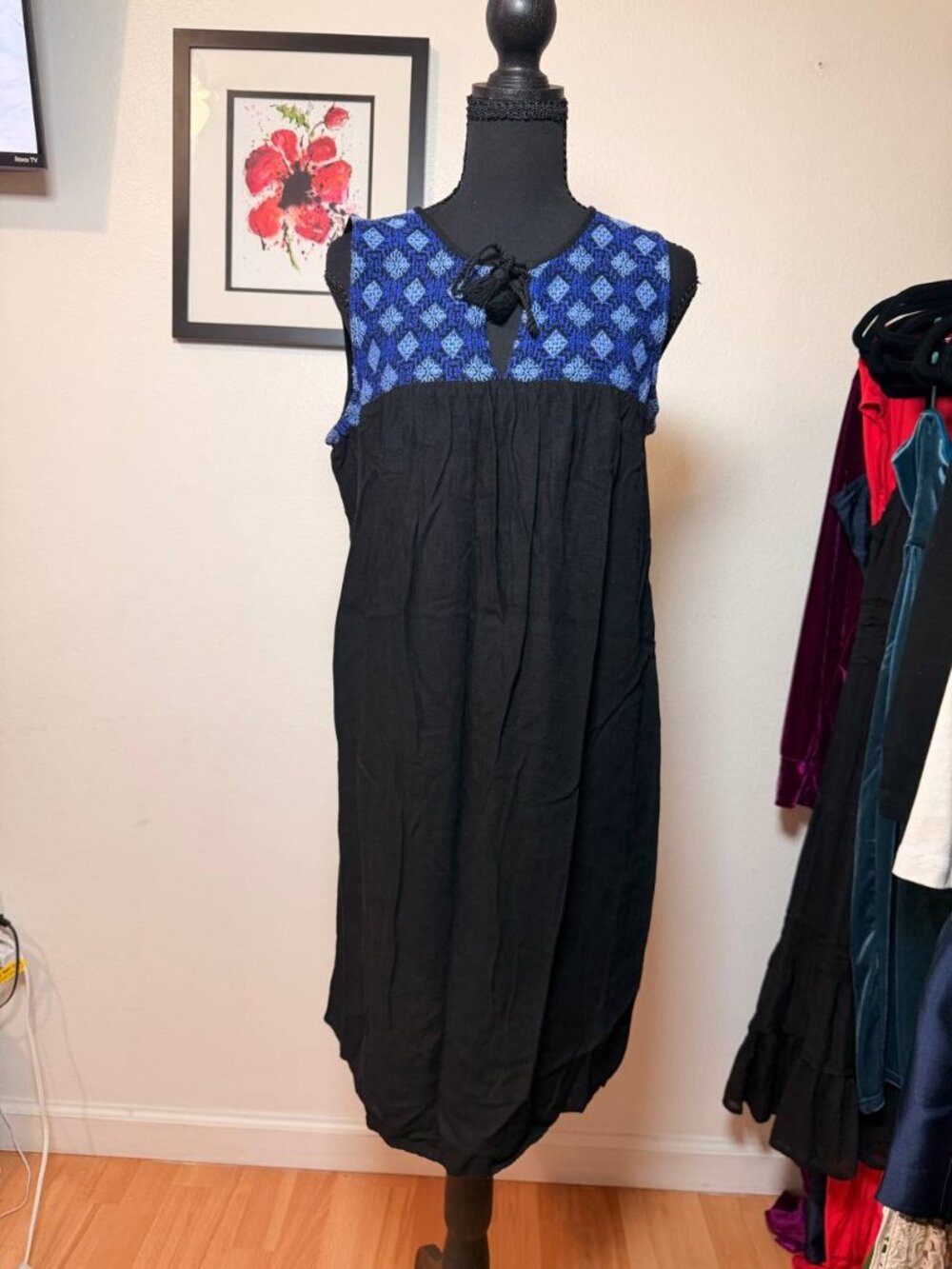 Black Blue Embroidered Boho Tassel Tie Neck Midi Dress Sleeveless Sz M